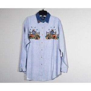 NWT Let's Quizz Again Embroidered Teddy Bear Blue & White Striped Shirt Sz M